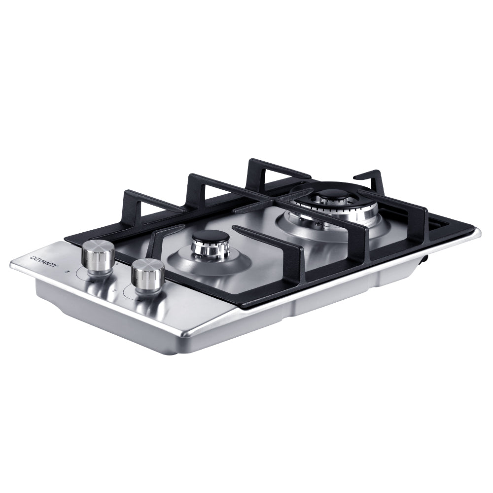 Devanti 30cm Gas Cooktop featuring two burners, stainless steel surface, and cast iron grates, ideal for efficient cooking.