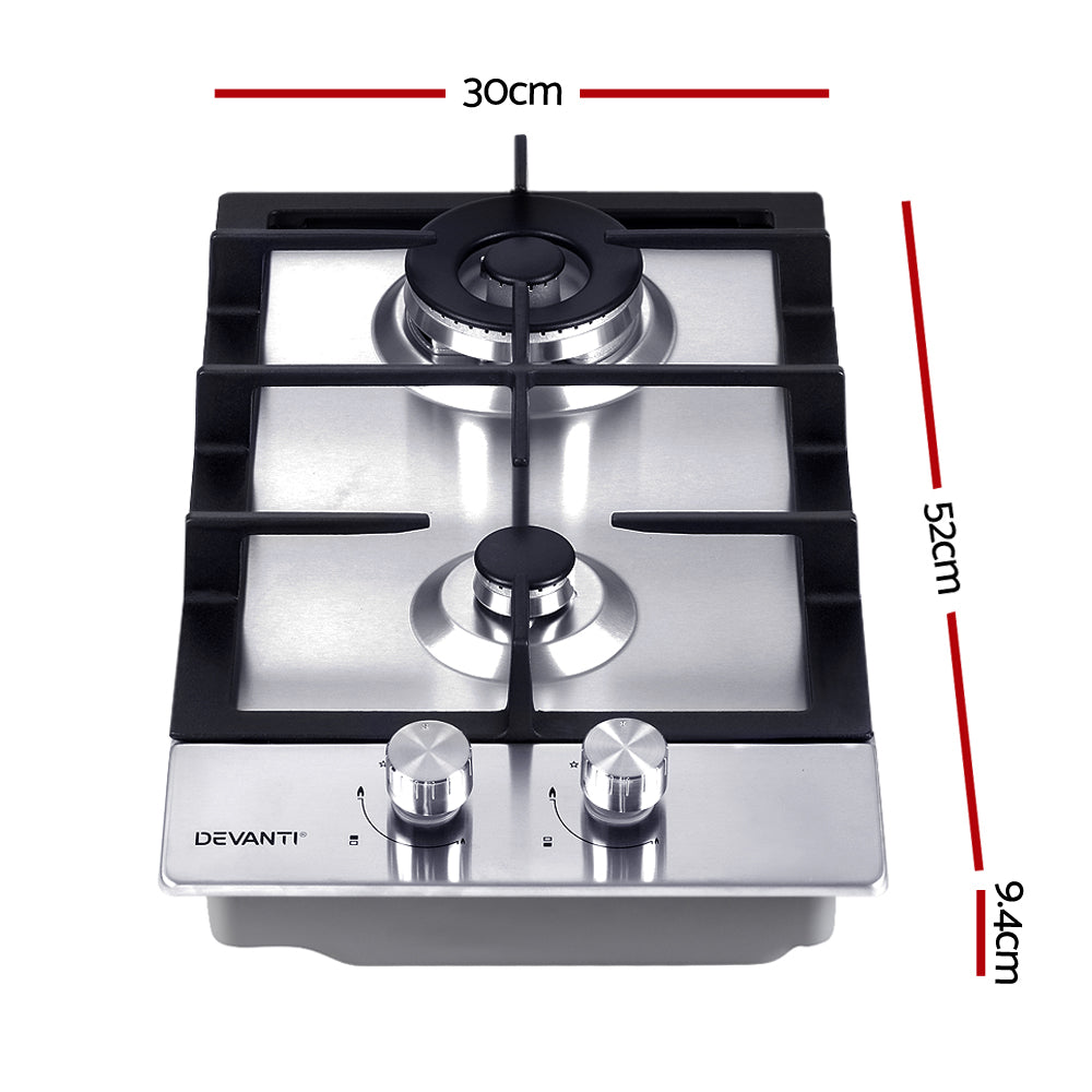 Devanti 30cm Gas Cooktop featuring two burners, stainless steel surface, and cast iron grates, ideal for efficient cooking.