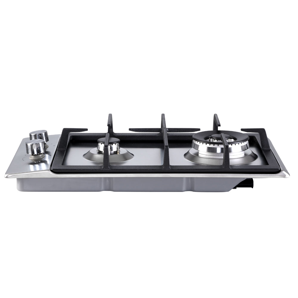 Devanti 30cm Gas Cooktop featuring two burners, stainless steel surface, and cast iron grates, ideal for efficient cooking.