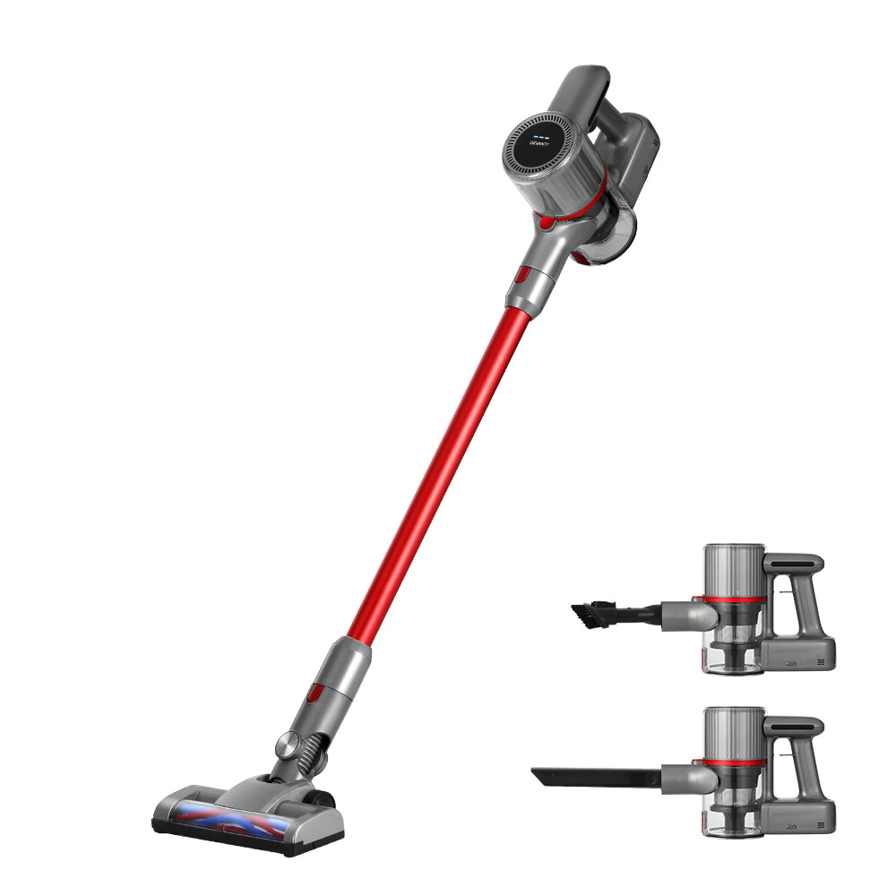 Devanti Handheld Vacuum Cleaner in red and grey, showcasing its cordless design and multiple cleaning heads for versatile use.