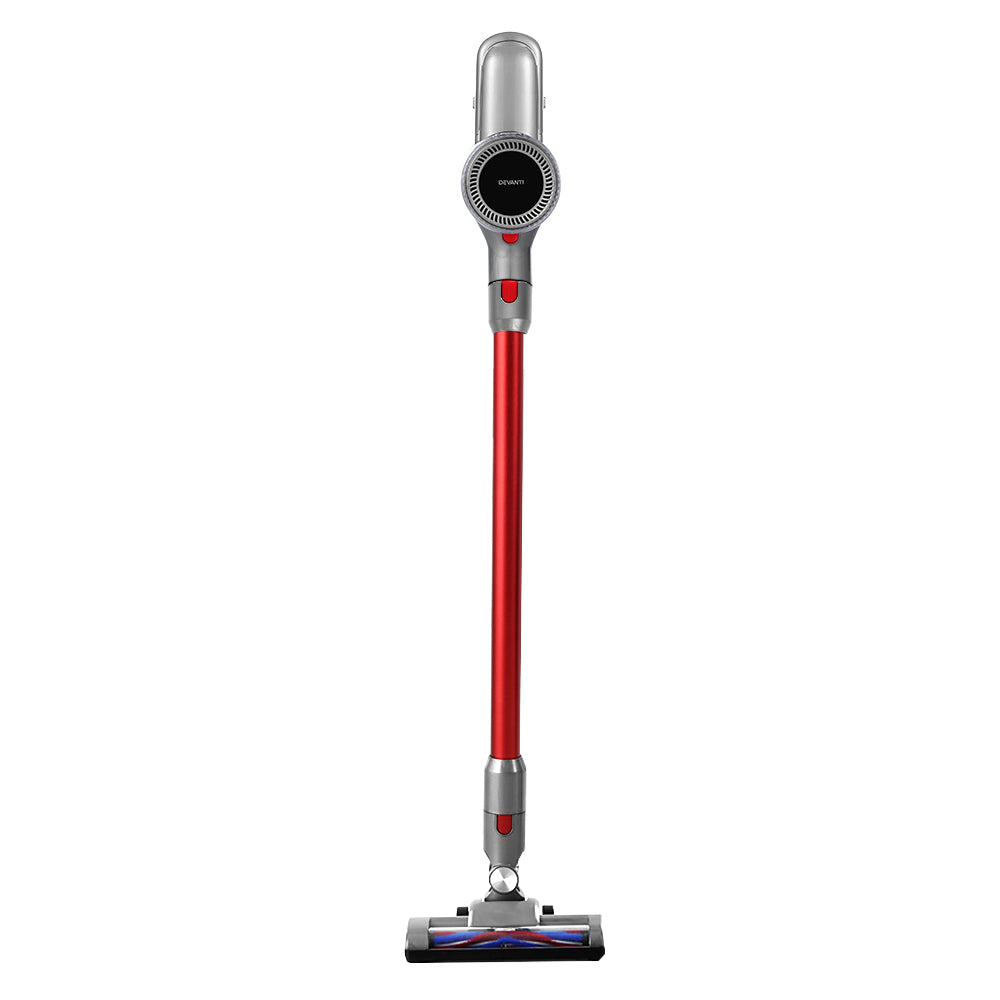 Devanti Handheld Vacuum Cleaner in red and grey, showcasing its cordless design and multiple cleaning heads for versatile use.