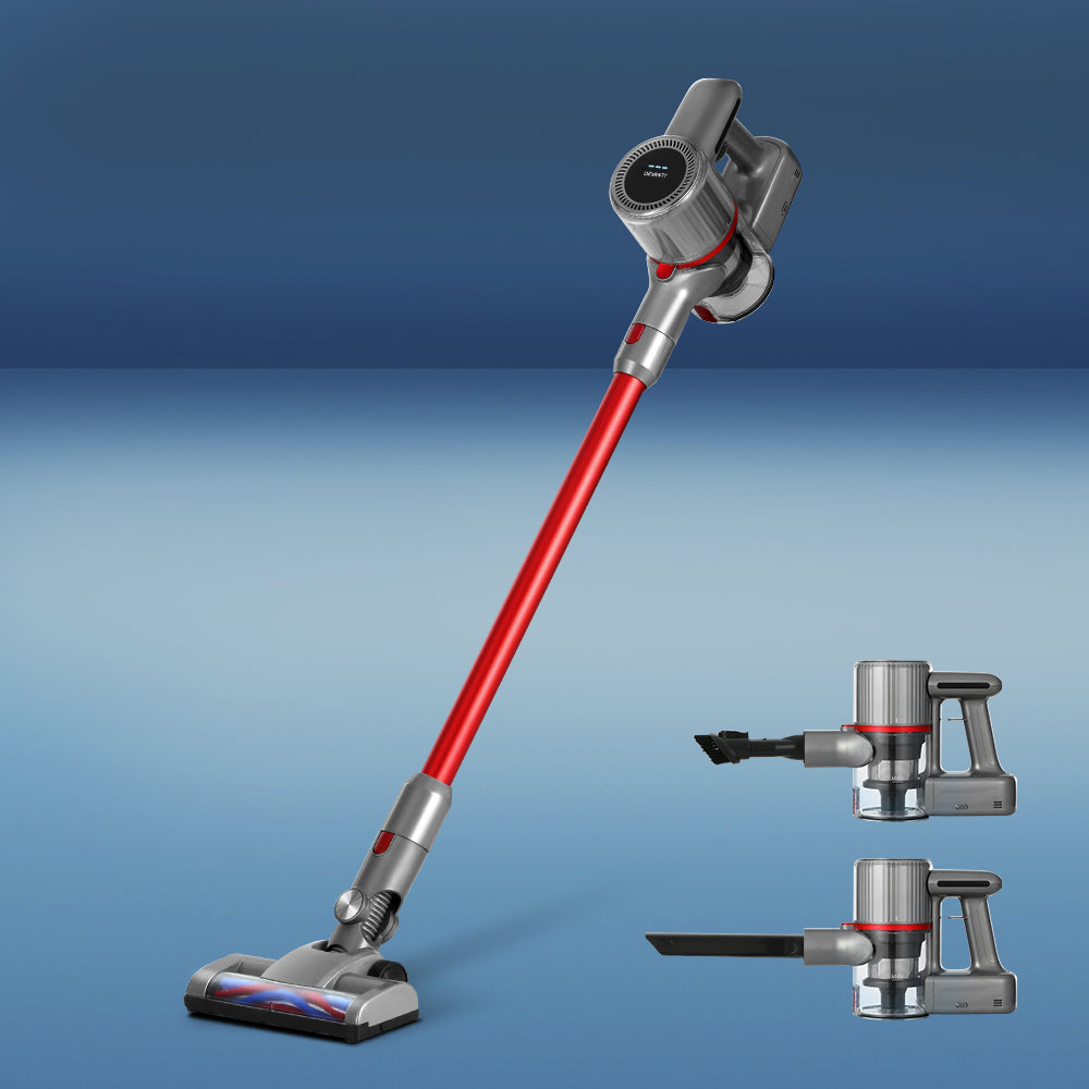 Devanti Handheld Vacuum Cleaner in red and grey, showcasing its cordless design and multiple cleaning heads for versatile use.