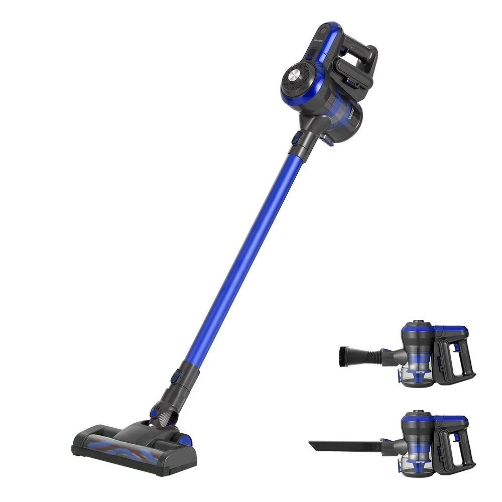 Devanti Handheld Vacuum Cleaner Cordless Handstick in blue and grey, showcasing its sleek design and multiple cleaning attachments.