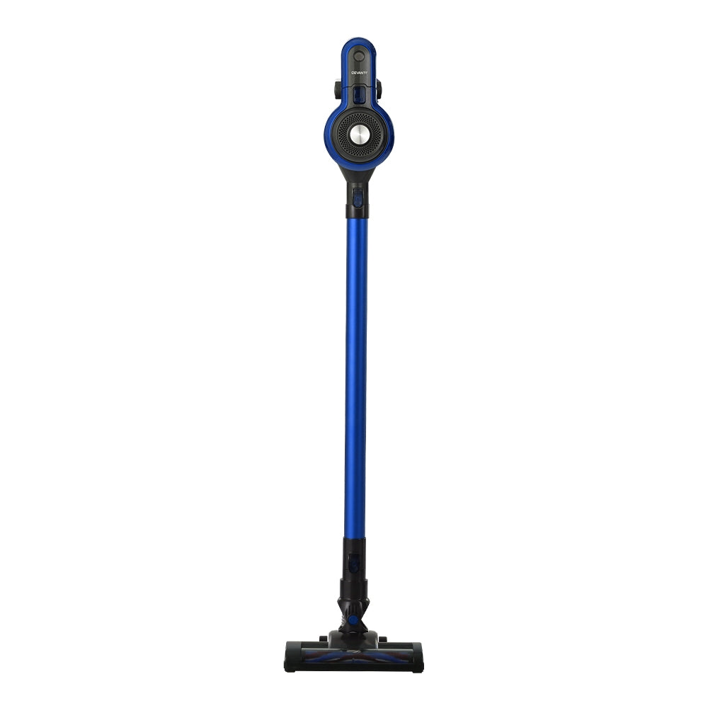 Devanti Handheld Vacuum Cleaner Cordless Handstick in blue and grey, showcasing its sleek design and multiple cleaning attachments.