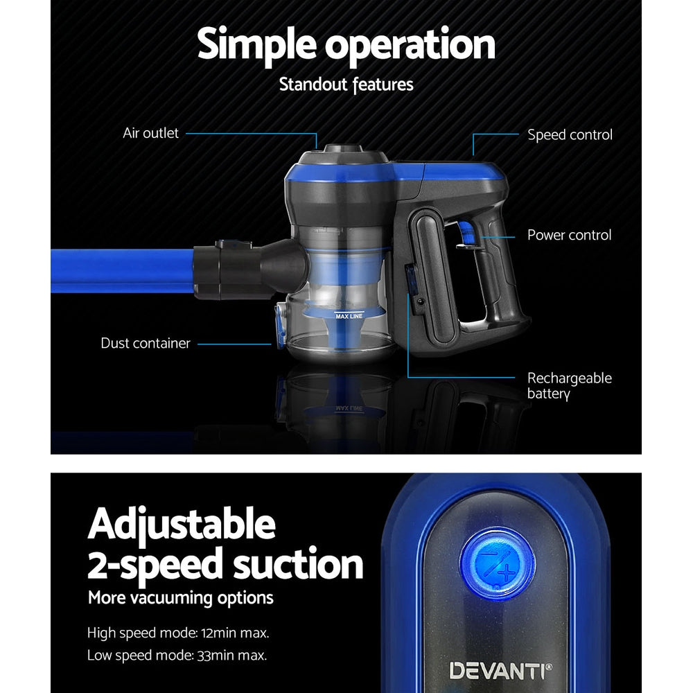 Devanti Handheld Vacuum Cleaner Cordless Handstick in blue and grey, showcasing its sleek design and multiple cleaning attachments.