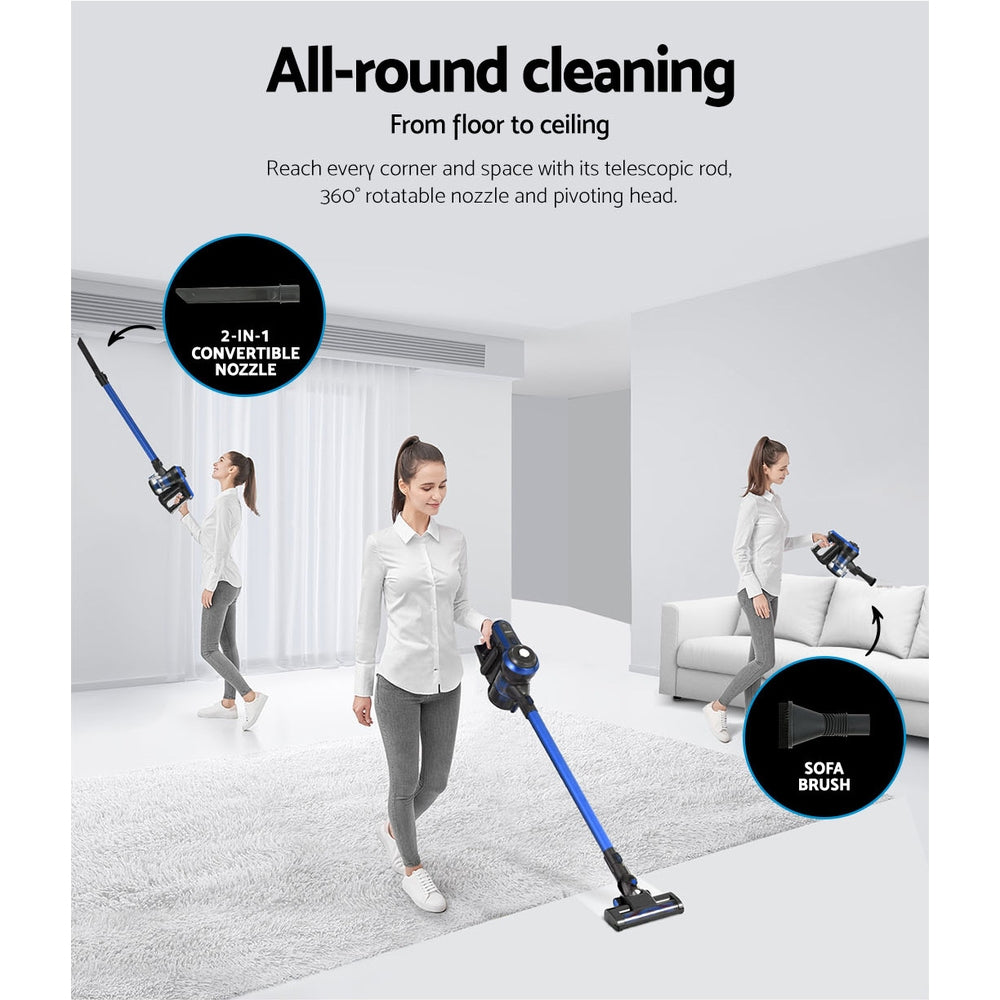 Devanti Handheld Vacuum Cleaner Cordless Handstick in blue and grey, showcasing its sleek design and multiple cleaning attachments.