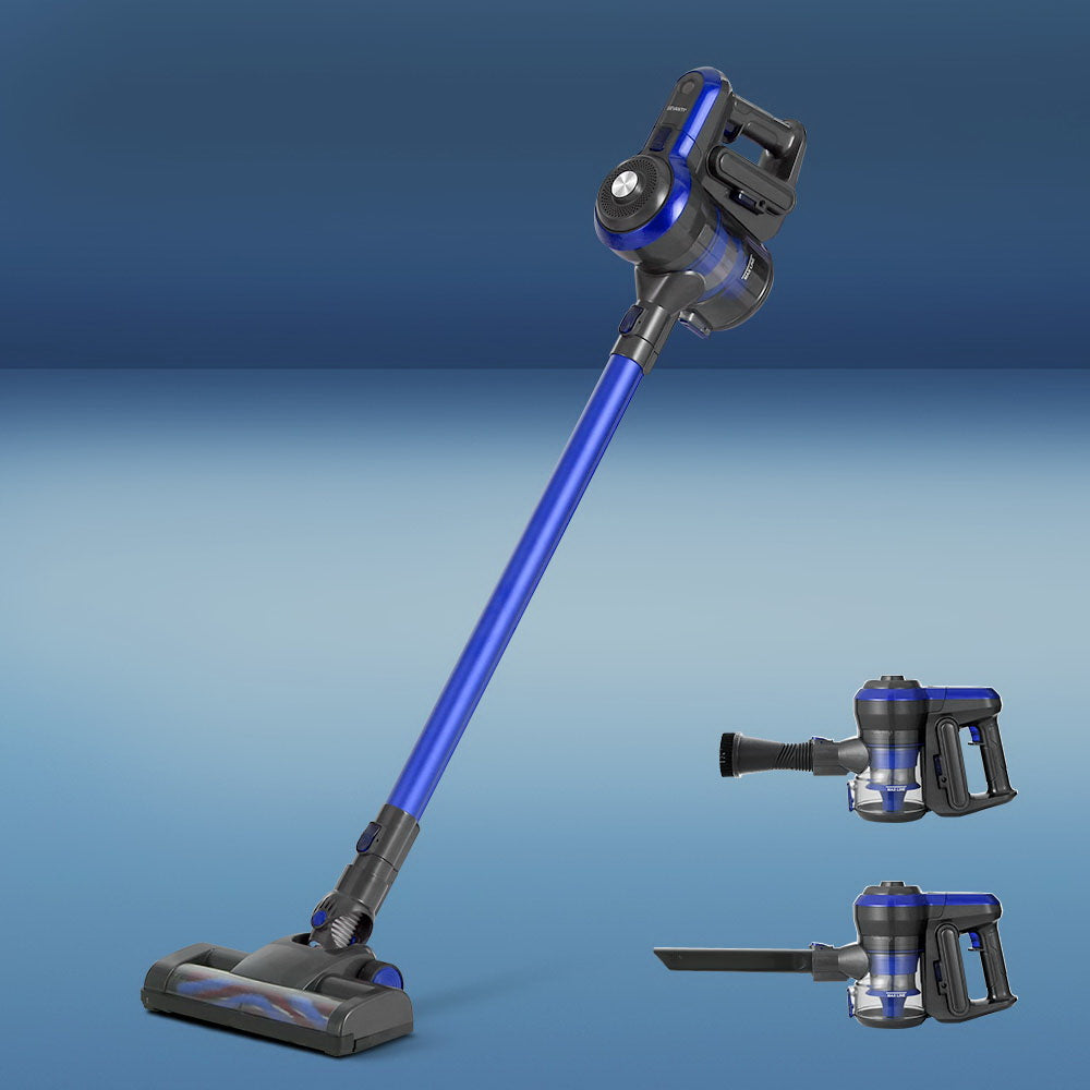 Devanti Handheld Vacuum Cleaner Cordless Handstick in blue and grey, showcasing its sleek design and multiple cleaning attachments.