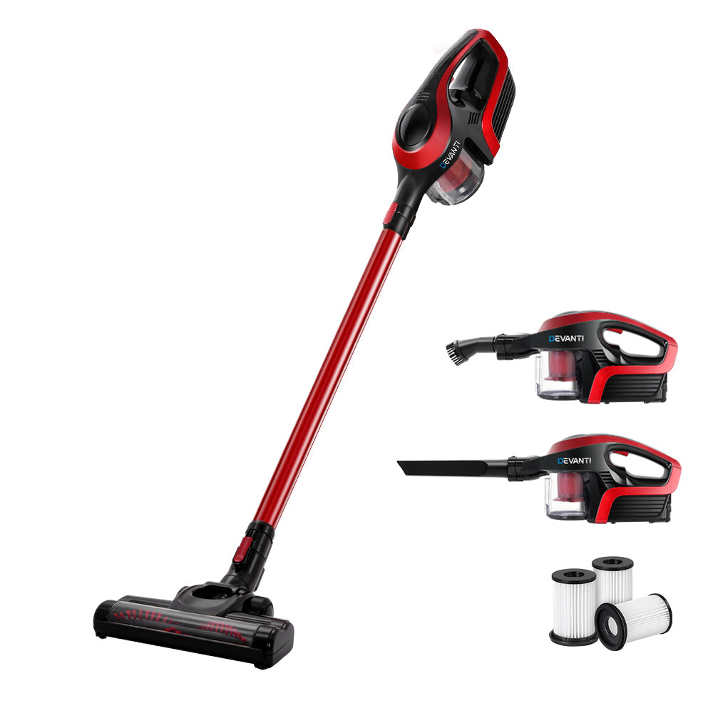 Devanti Handheld Vacuum Cleaner in red and black, showcasing its lightweight design and accessories including nozzles and battery.