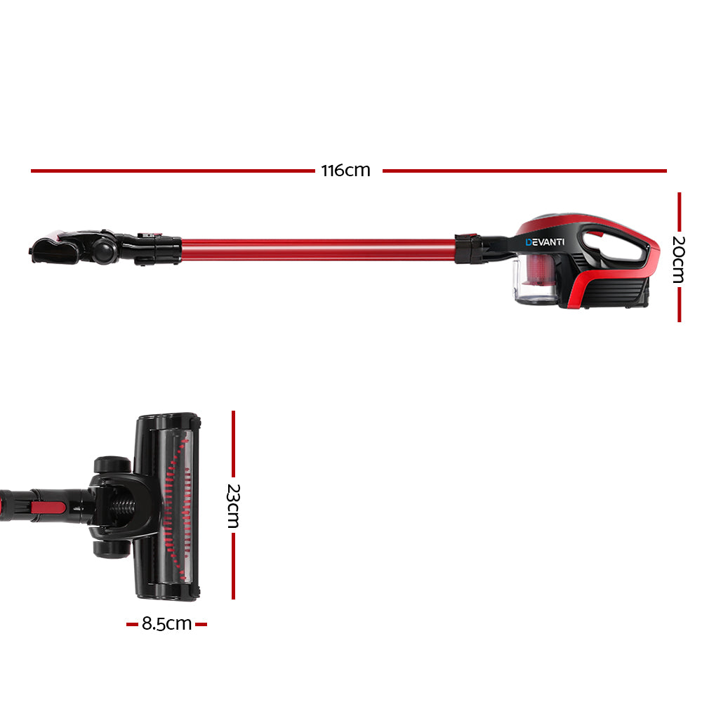 Devanti Handheld Vacuum Cleaner in red and black, showcasing its lightweight design and accessories including nozzles and battery.