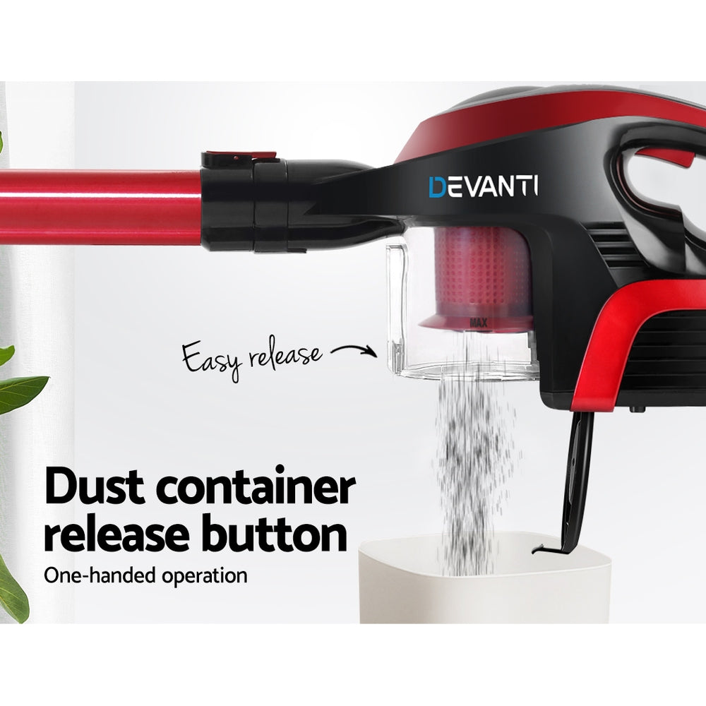 Devanti Handheld Vacuum Cleaner in red and black, showcasing its lightweight design and accessories including nozzles and battery.