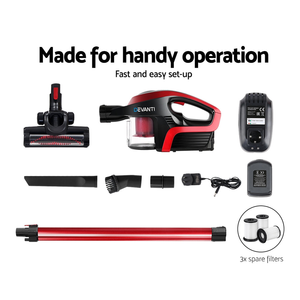 Devanti Handheld Vacuum Cleaner in red and black, showcasing its lightweight design and accessories including nozzles and battery.