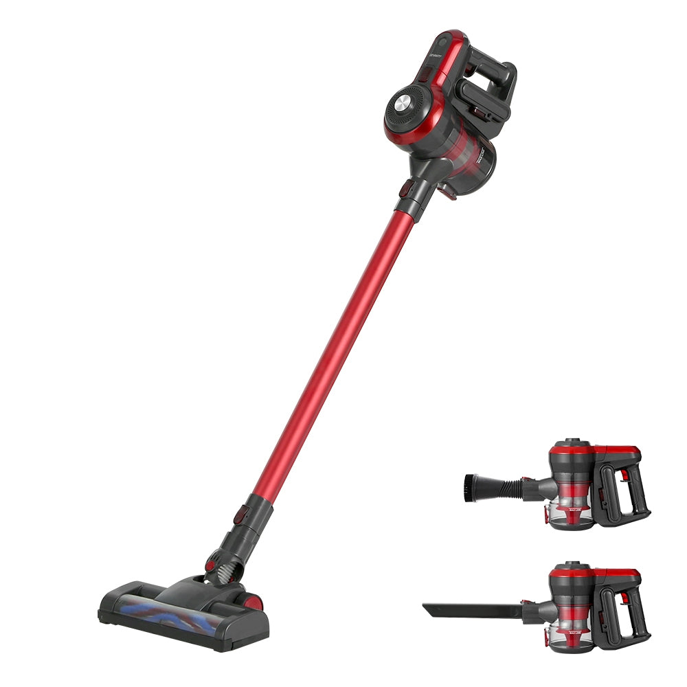 Devanti Handheld Vacuum Cleaner Cordless Stick in red and grey with multiple attachments and wall-mounting holder.