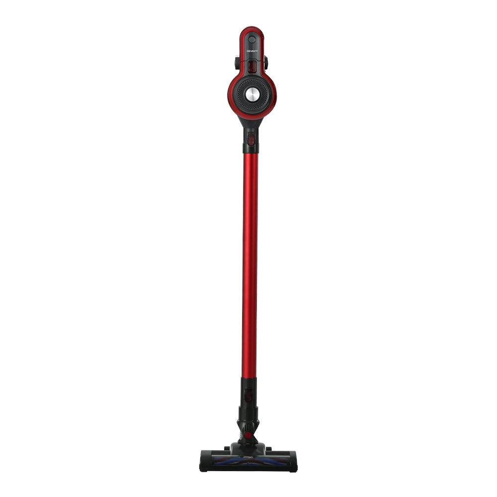 Devanti Handheld Vacuum Cleaner Cordless Stick in red and grey with multiple attachments and wall-mounting holder.