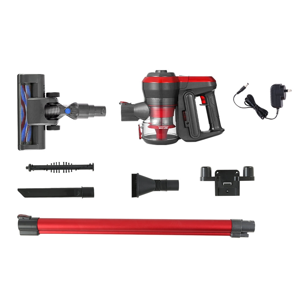 Devanti Handheld Vacuum Cleaner Cordless Stick in red and grey with multiple attachments and wall-mounting holder.