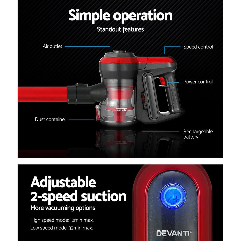 Devanti Handheld Vacuum Cleaner Cordless Stick in red and grey with multiple attachments and wall-mounting holder.