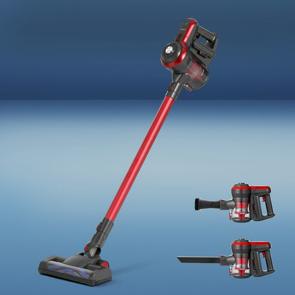 Devanti Handheld Vacuum Cleaner Cordless Stick in red and grey with multiple attachments and wall-mounting holder.