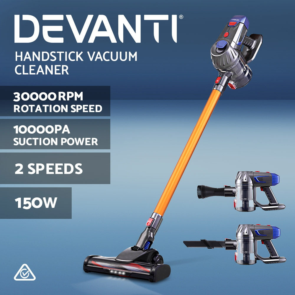 Devanti Handheld Vacuum Cleaner in gold and grey, showcasing its sleek design and accessories.