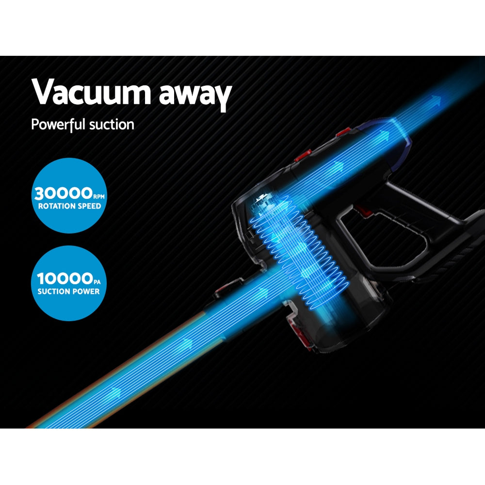 Devanti Handheld Vacuum Cleaner in gold and grey, showcasing its sleek design and various attachments including a sofa brush and crevice nozzle.