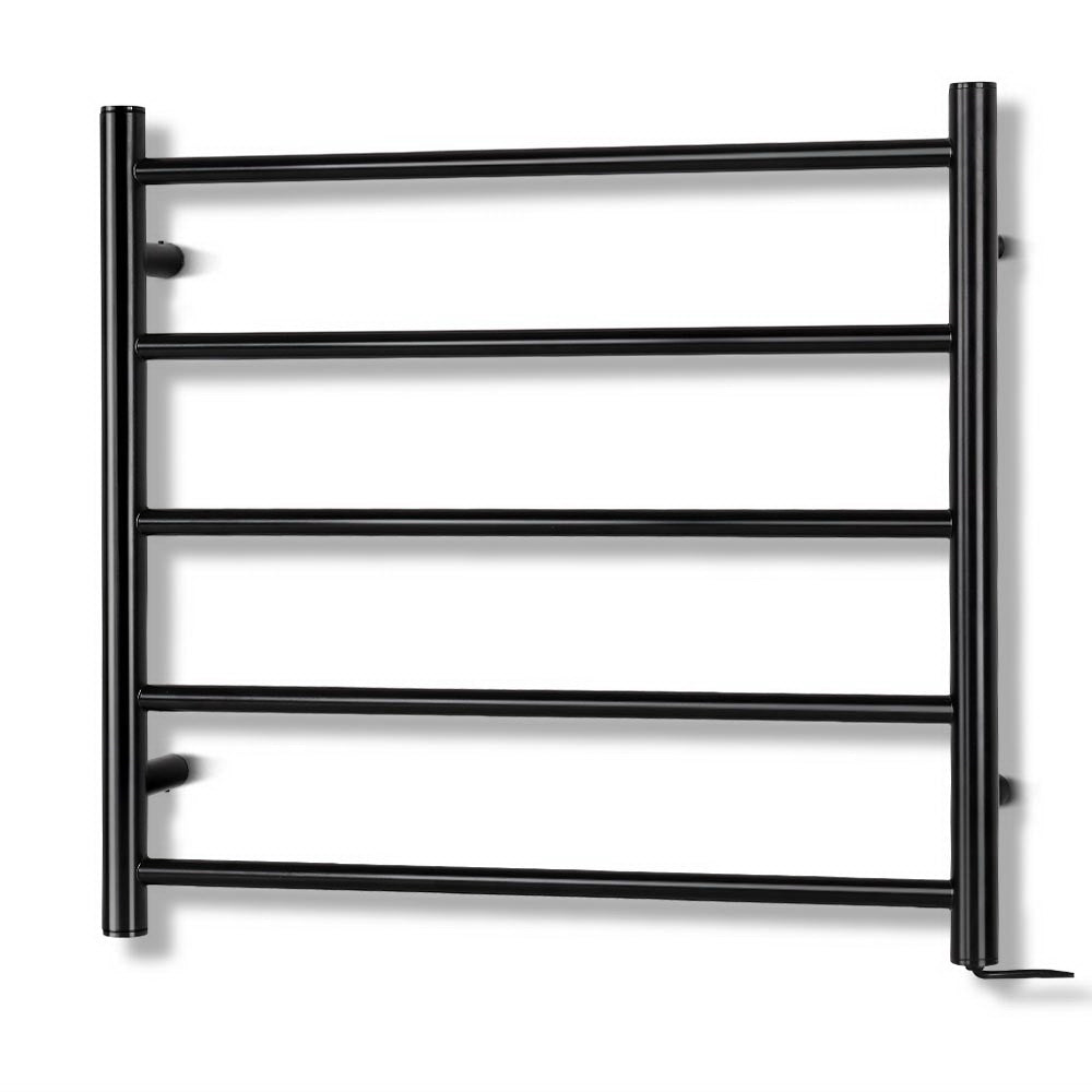 Devanti Heated Towel Rail in black powder-coated steel, featuring five heated rails for warming towels and clothes.