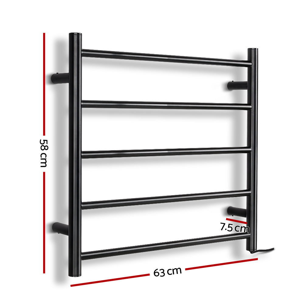 Devanti Heated Towel Rail in black powder-coated steel, featuring five heated rails for warming towels and clothes.