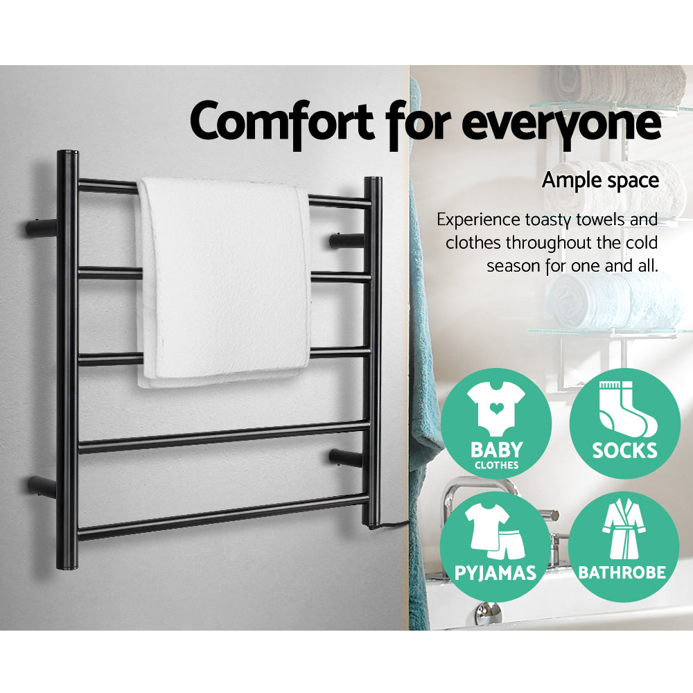 Devanti Heated Towel Rail in black powder-coated steel, featuring five heated rails for warming towels and clothes.