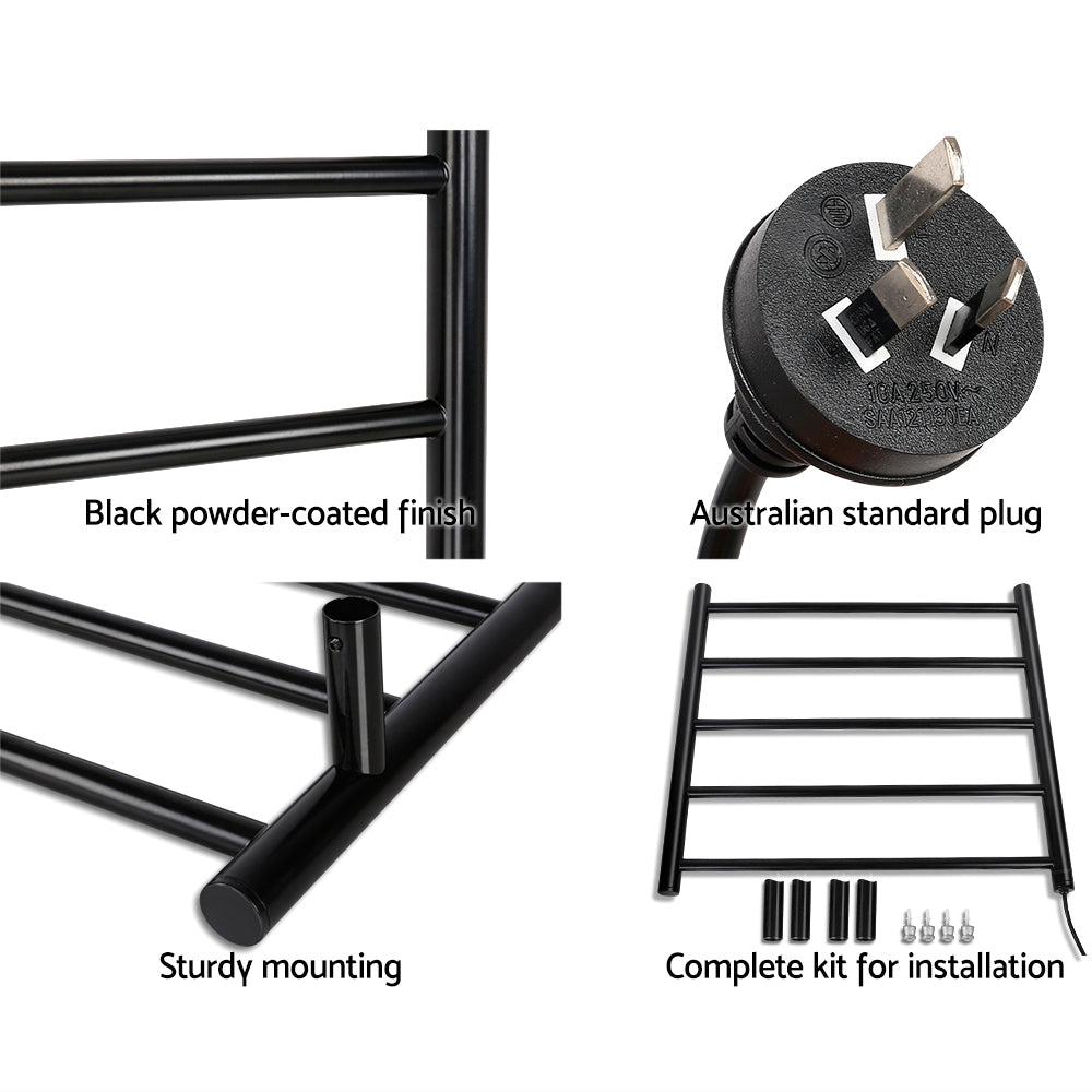 Devanti Heated Towel Rail in black powder-coated steel, featuring five heated rails for warming towels and clothes.