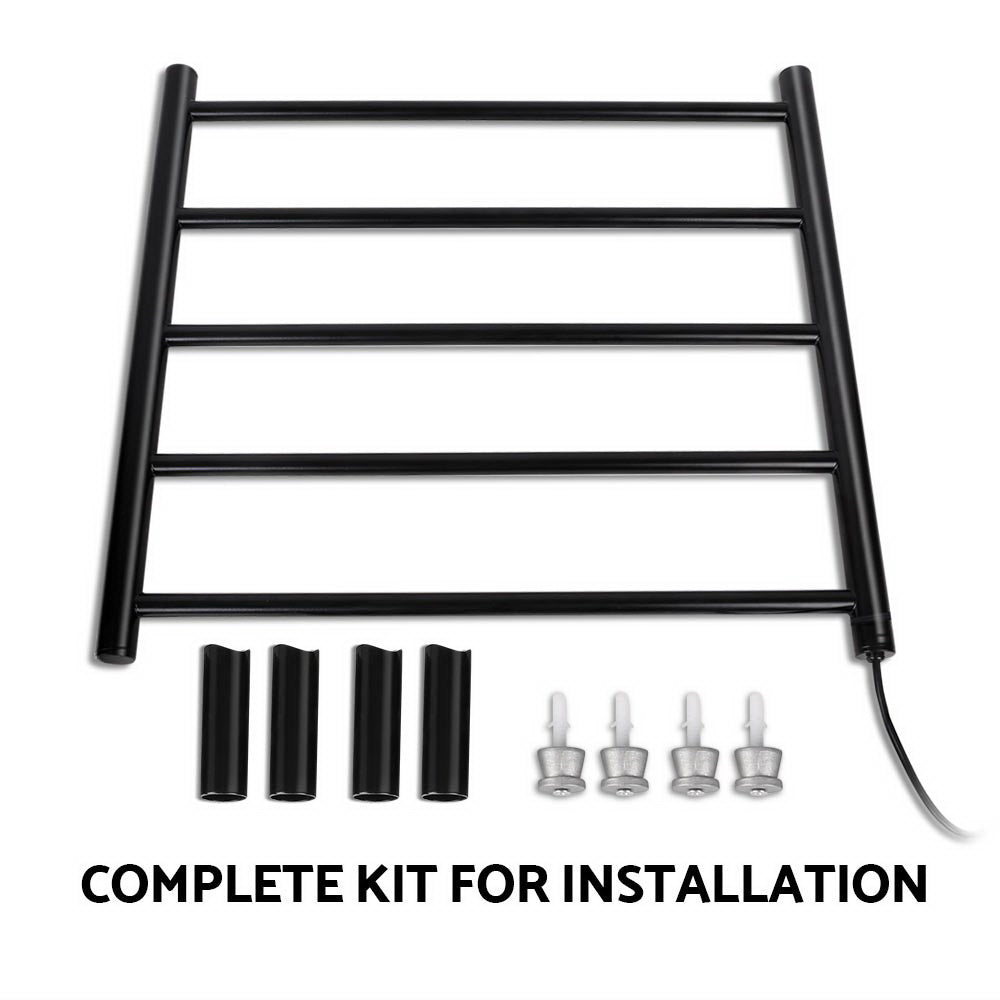 Devanti Heated Towel Rail in black powder-coated steel, featuring five heated rails for warming towels and clothes.