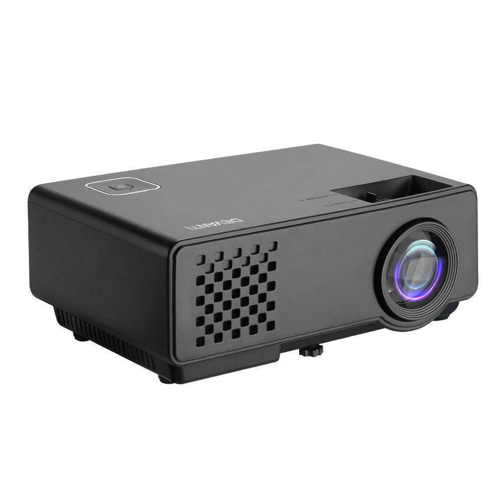 Devanti Mini Video Projector showcasing its compact design and connectivity ports, ideal for home entertainment and presentations.