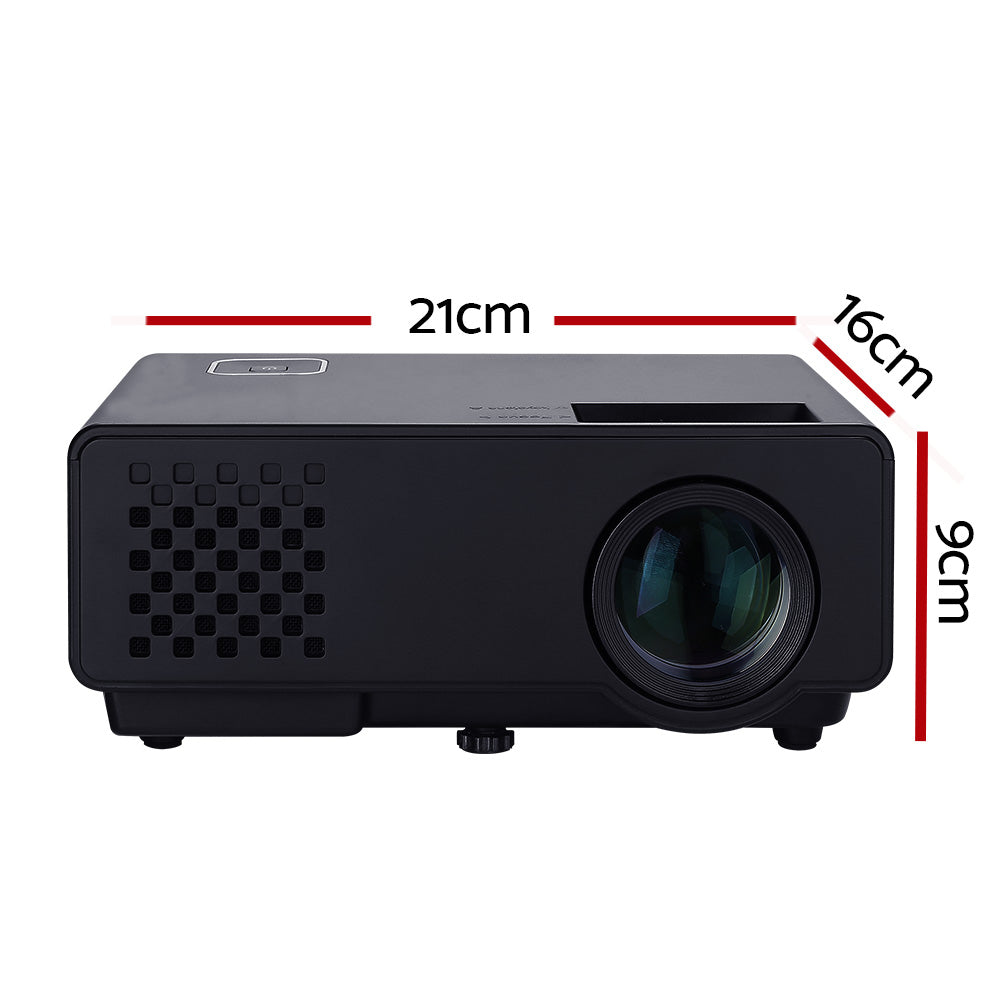 Devanti Mini Video Projector showcasing its compact design and connectivity ports, ideal for home entertainment and presentations.