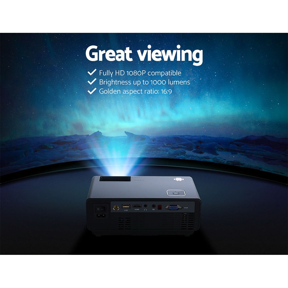 Devanti Mini Video Projector showcasing its compact design and connectivity ports, ideal for home entertainment and presentations.