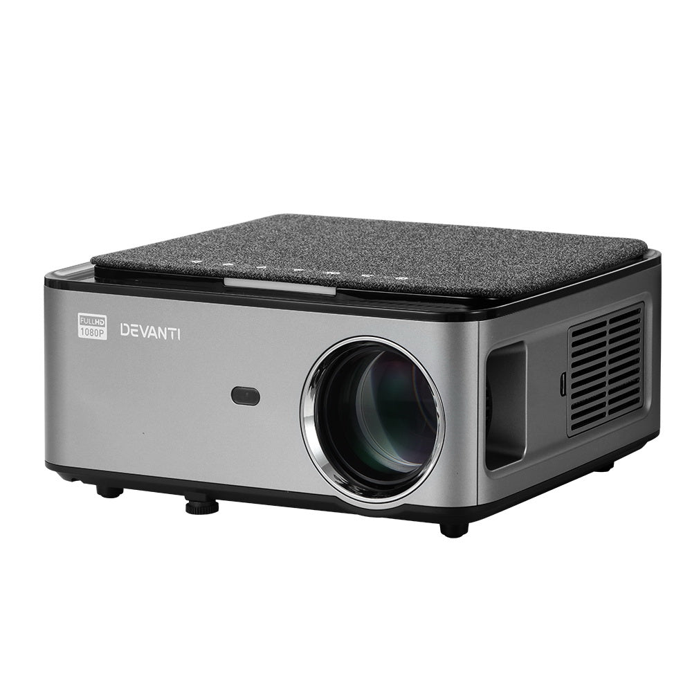 Devanti Mini Video Projector showcasing its sleek design and connectivity ports, perfect for home theater use.