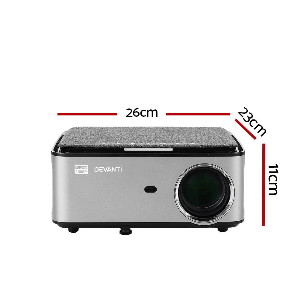 Devanti Mini Video Projector showcasing its sleek design and connectivity ports, perfect for home theater use.