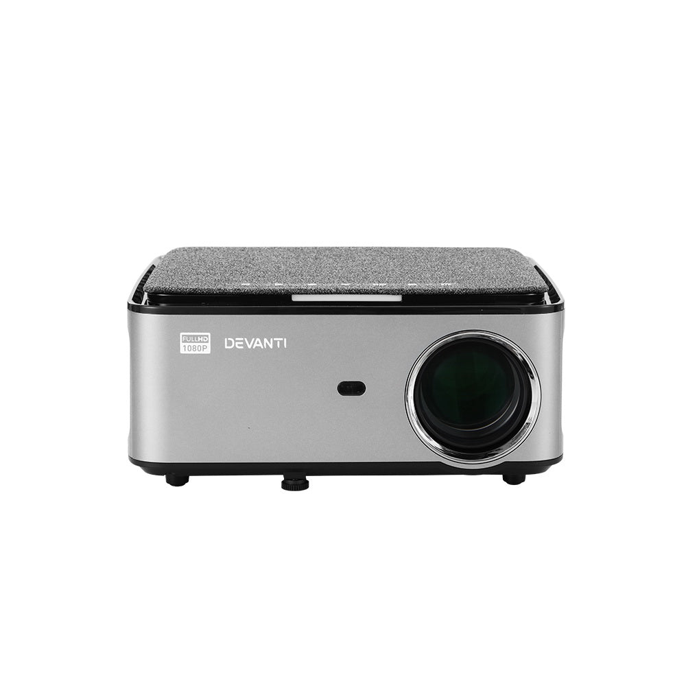 Devanti Mini Video Projector showcasing its sleek design and connectivity ports, perfect for home theater use.