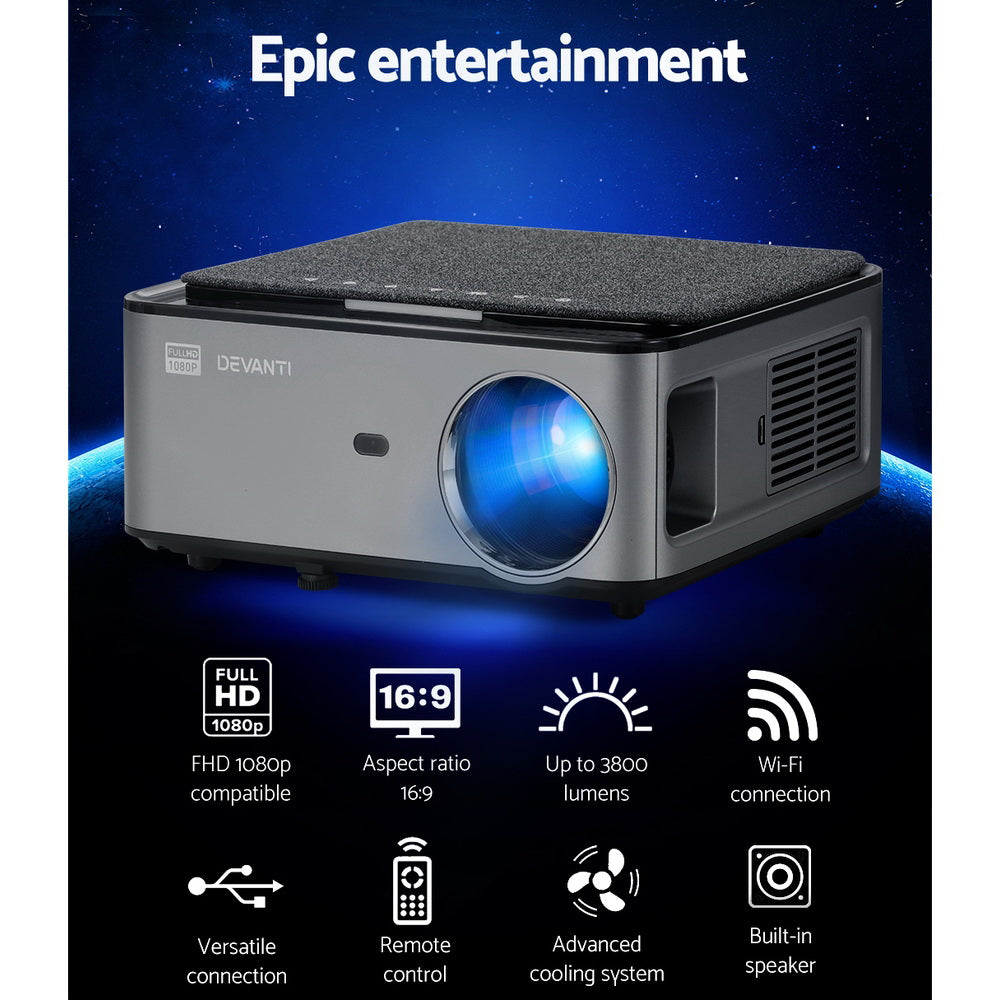 Devanti Mini Video Projector showcasing its sleek design and connectivity ports, perfect for home theater use.