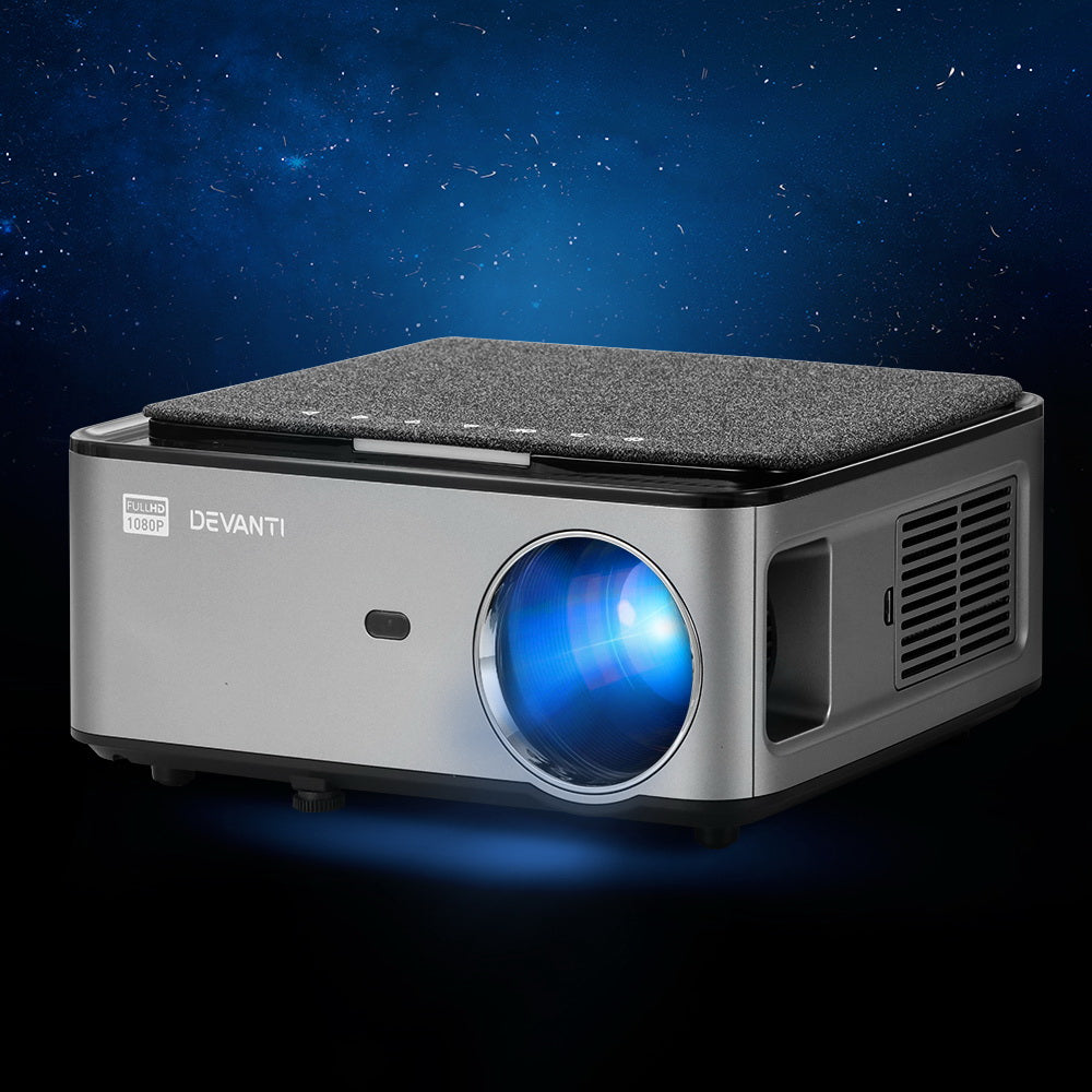 Devanti Mini Video Projector showcasing its sleek design and connectivity ports, perfect for home theater use.