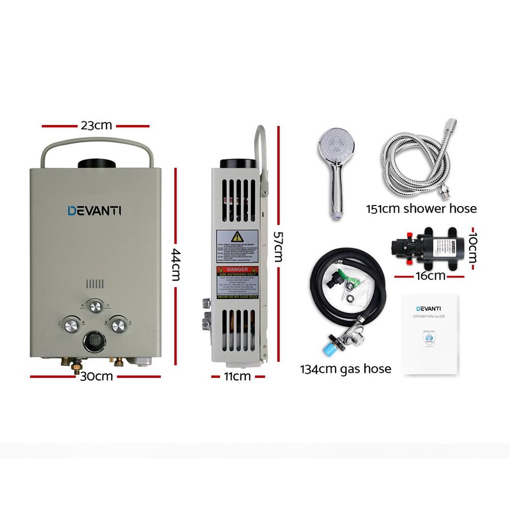 Devanti Outdoor Gas Hot Water Heater with shower head and accessories, designed for portable camping use.