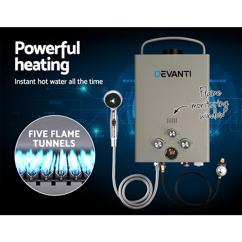 Devanti Outdoor Gas Hot Water Heater with shower head and accessories, designed for portable camping use.