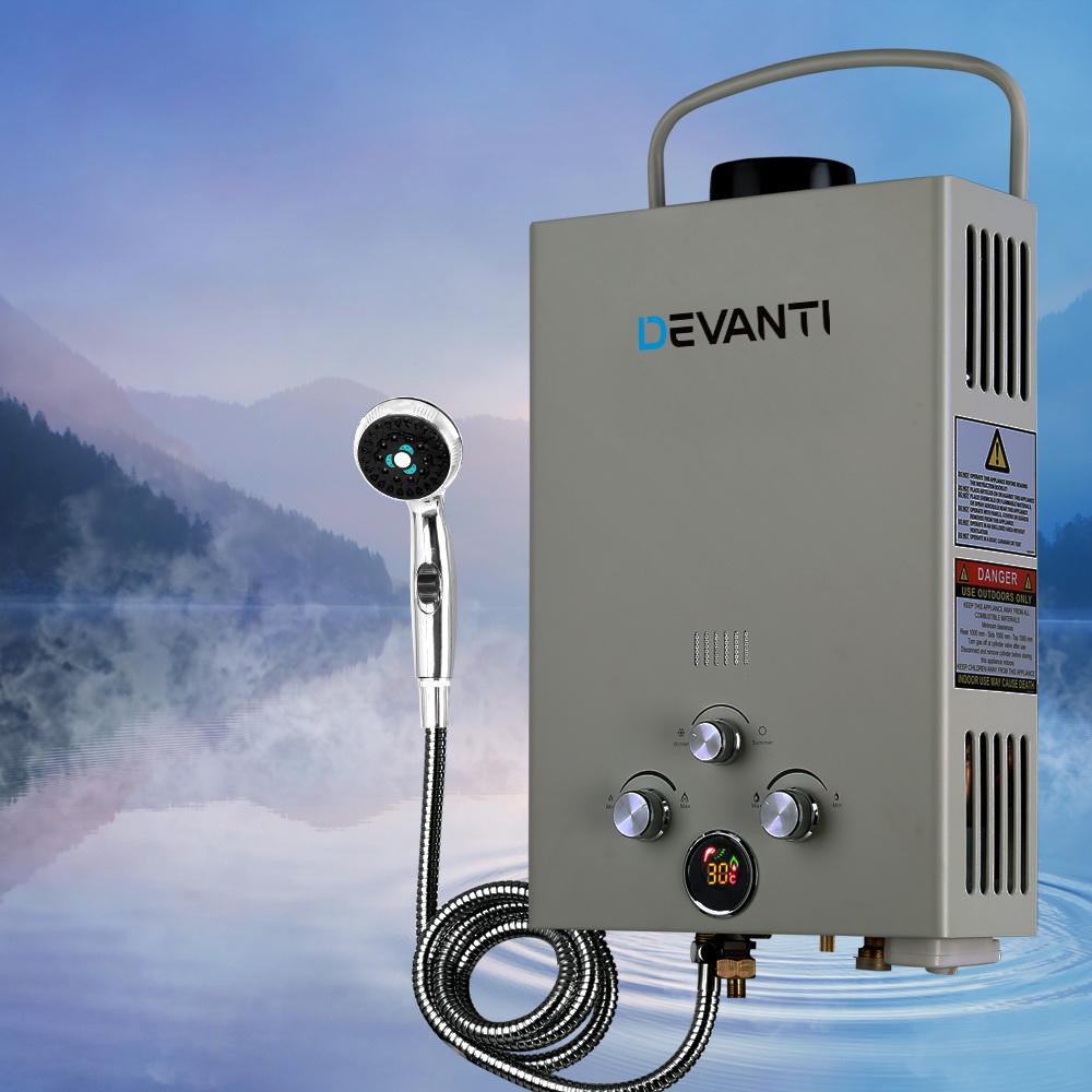 Devanti Outdoor Gas Hot Water Heater with shower head and accessories, designed for portable camping use.