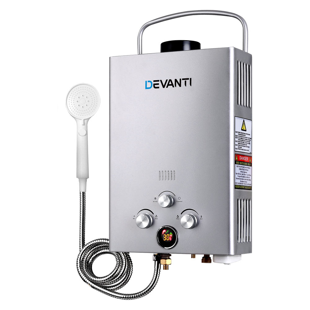 Devanti Outdoor Gas Water Heater Portable Camping Shower with LED display and shower head, designed for outdoor use.