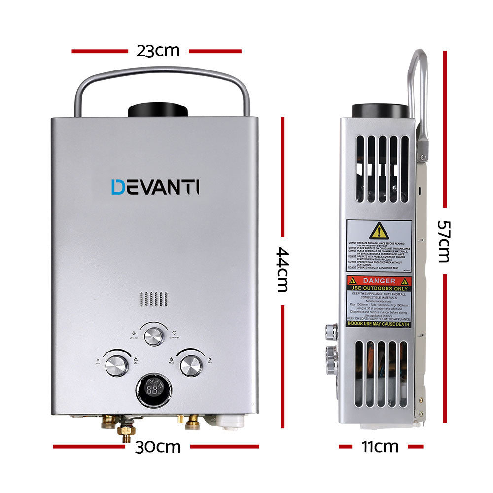 Devanti Outdoor Gas Water Heater Portable Camping Shower with LED display and shower head, designed for outdoor use.