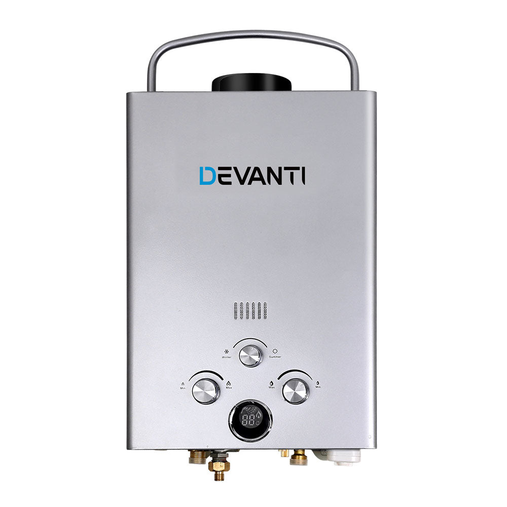 Devanti Outdoor Gas Water Heater Portable Camping Shower with LED display and shower head, designed for outdoor use.