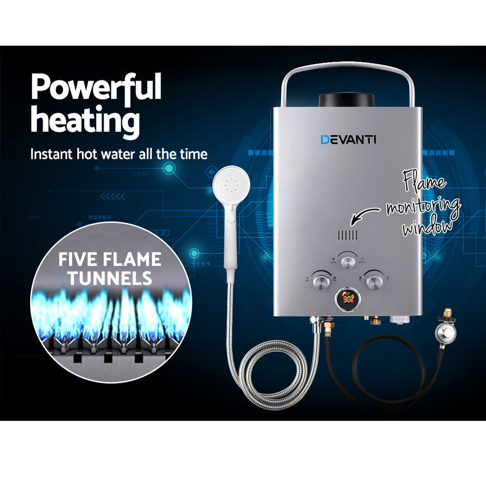 Devanti Outdoor Gas Water Heater Portable Camping Shower with LED display and shower head, designed for outdoor use.