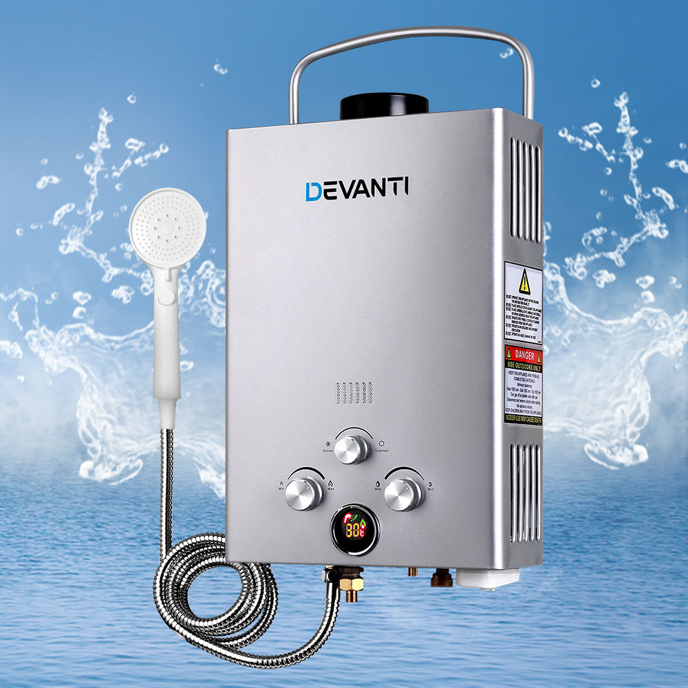 Devanti Outdoor Gas Water Heater Portable Camping Shower with LED display and shower head, designed for outdoor use.