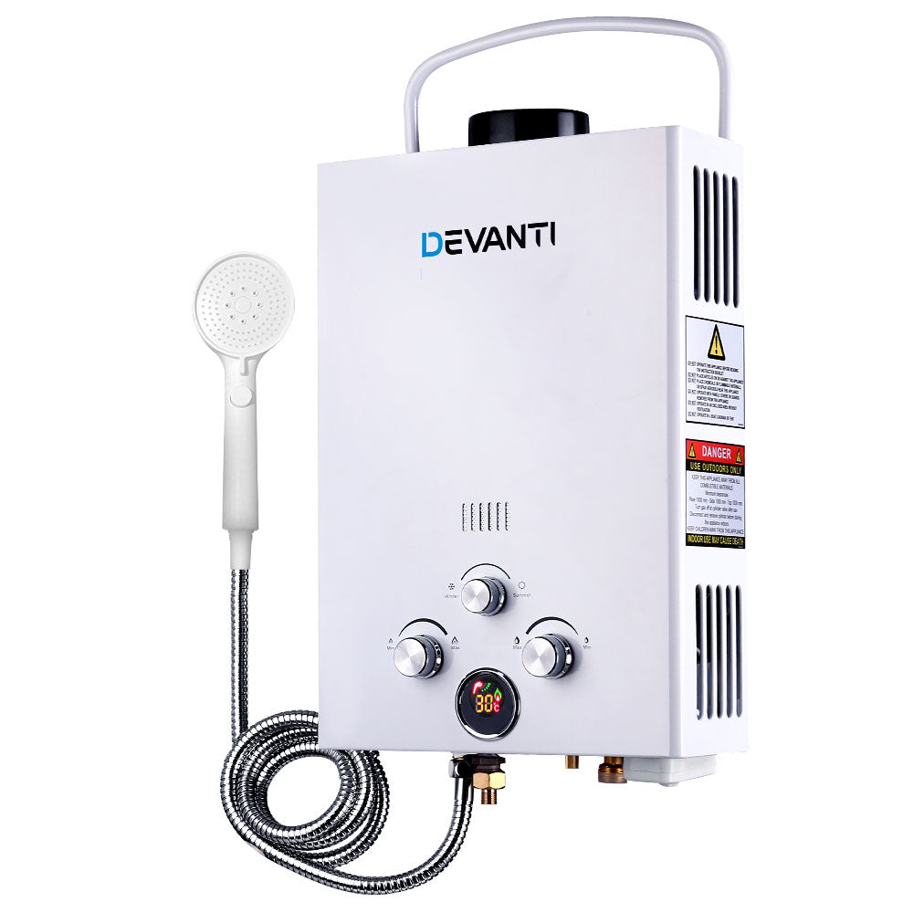 Devanti Portable Gas Hot Water Heater with shower head and accessories for outdoor use.