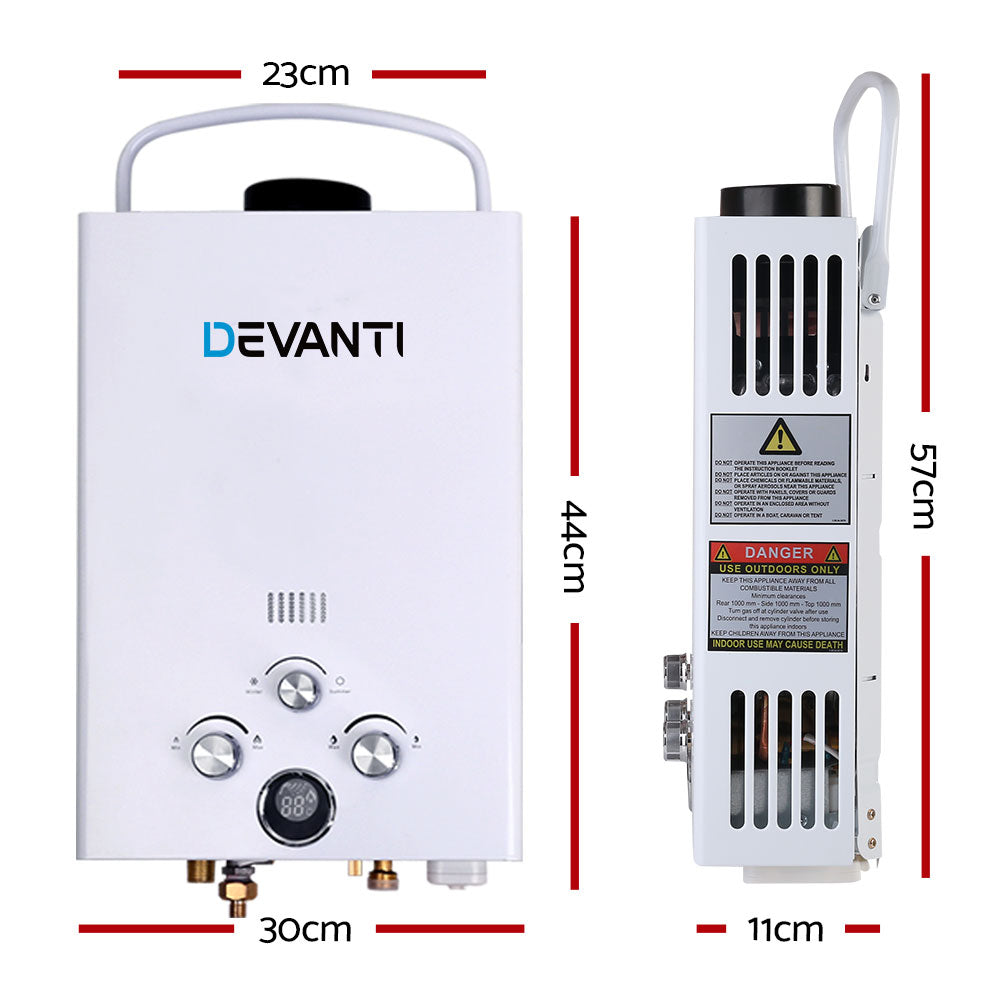 Devanti Portable Gas Hot Water Heater with shower head and accessories for outdoor use.