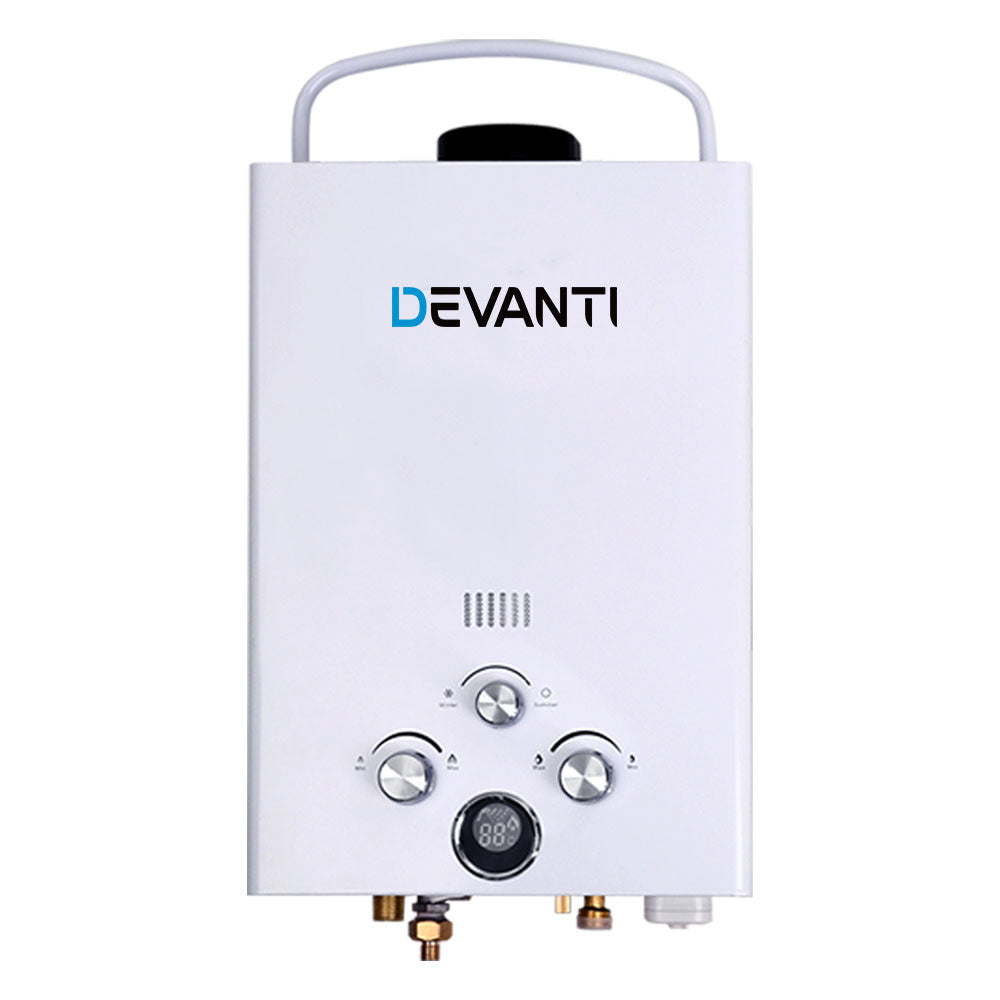 Devanti Portable Gas Hot Water Heater with shower head and accessories for outdoor use.