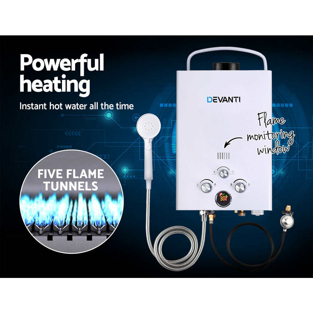 Devanti Portable Gas Hot Water Heater with shower head and accessories for outdoor use.