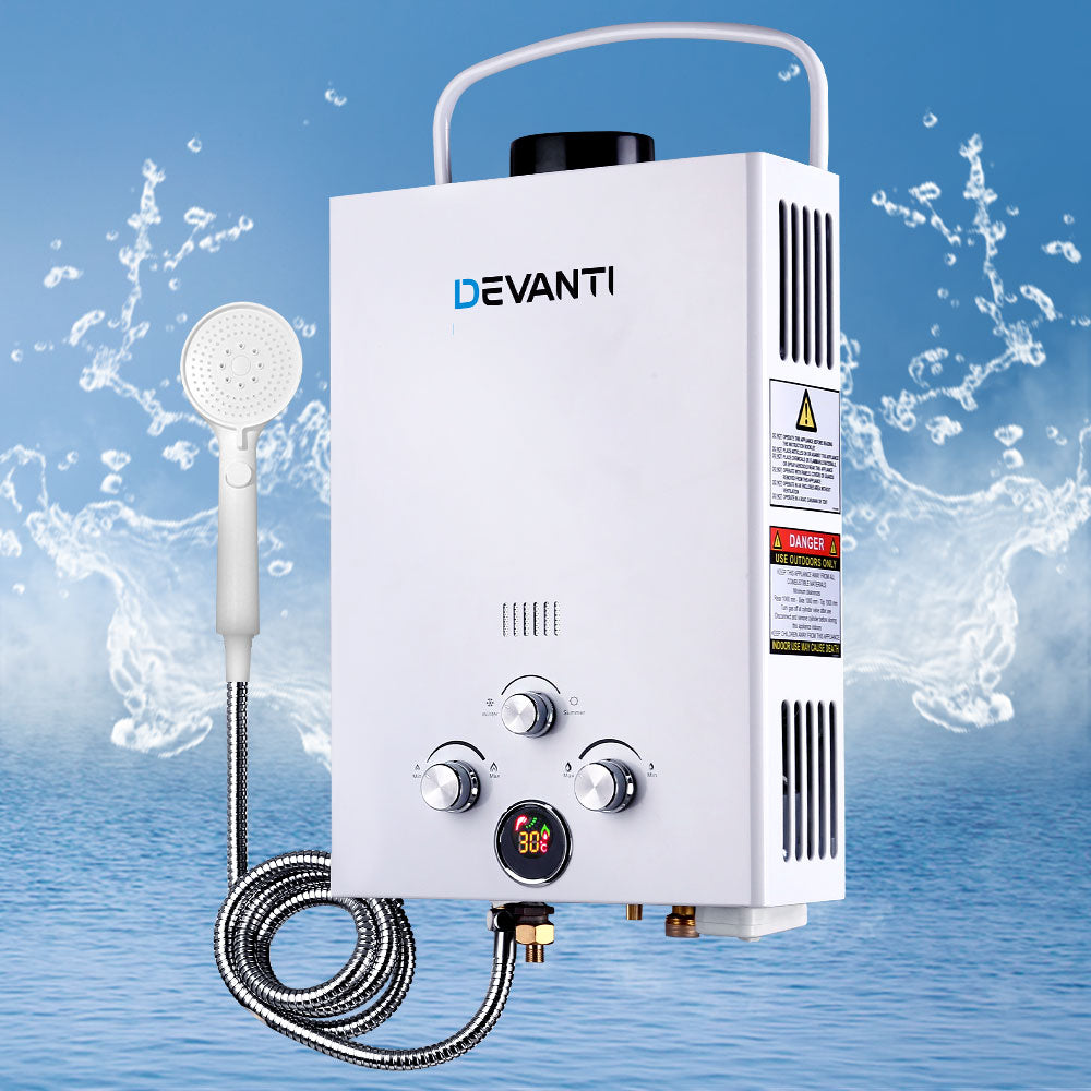 Devanti Portable Gas Hot Water Heater with shower head and accessories for outdoor use.