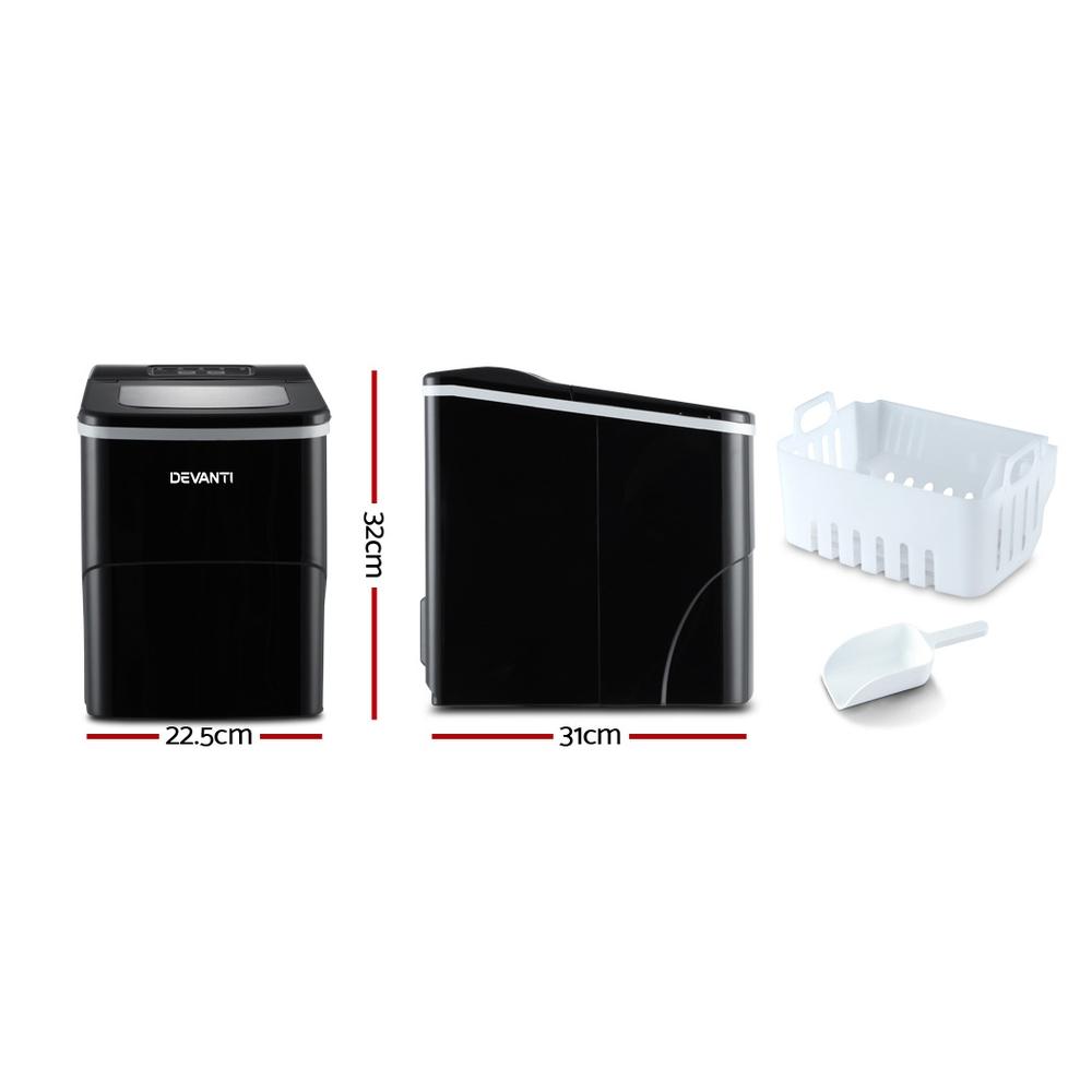 DEVANTi Portable Ice Cube Maker Machine in black, featuring an LED control panel and an inspection window, designed for home and commercial use.