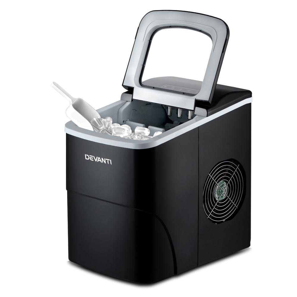 DEVANTi Portable Ice Cube Maker Machine in black, featuring an LED control panel and an inspection window, designed for home and commercial use.